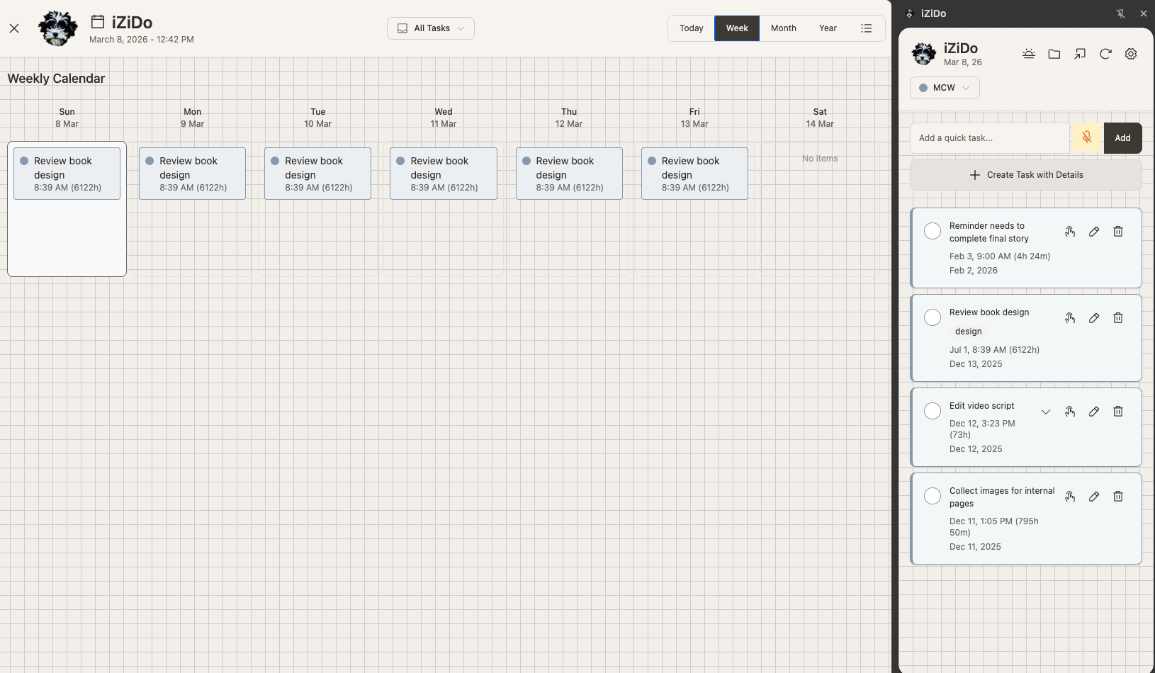 iziDo Timeline View with sidebar